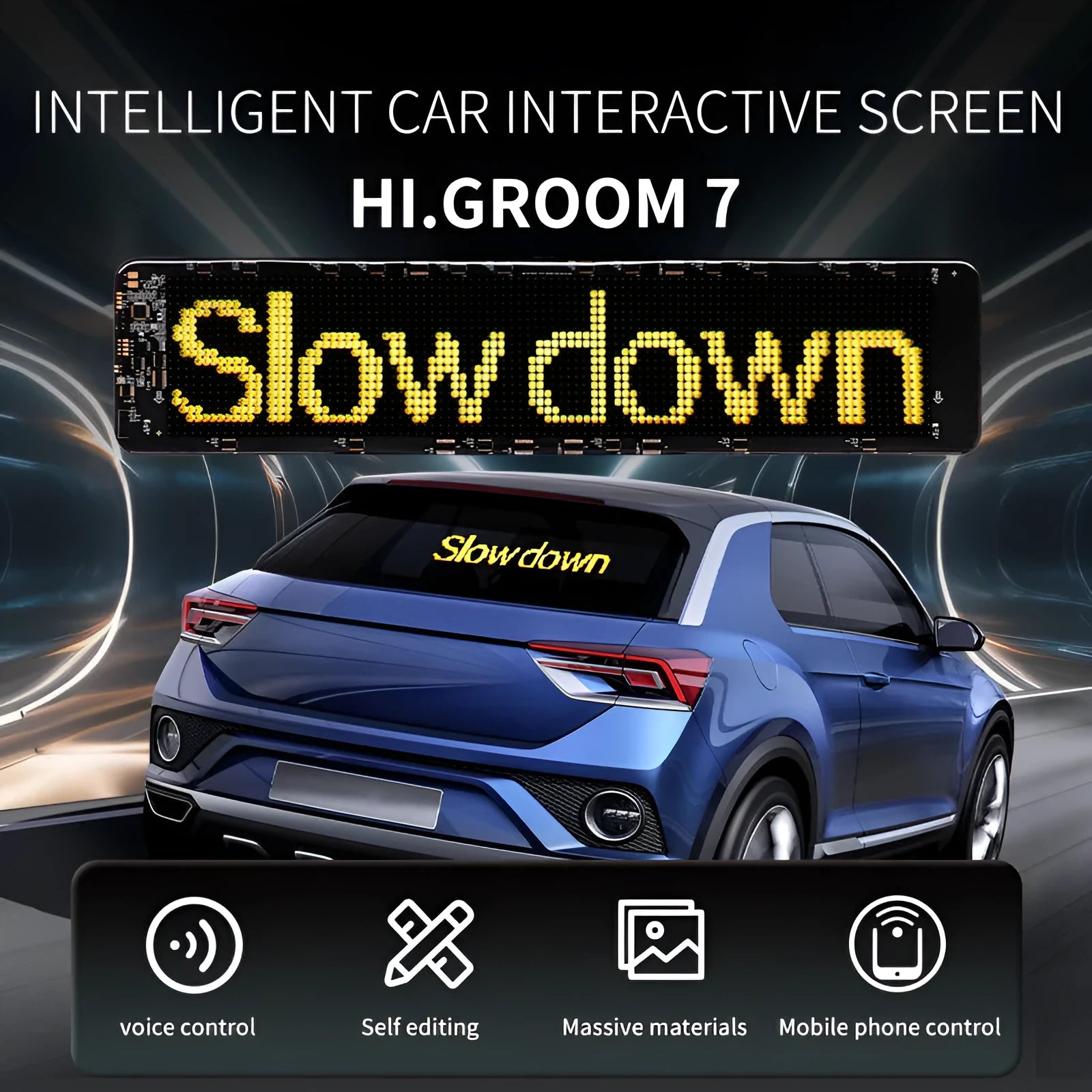 LED smart bumper sticker expression screen with soft film display showing a digital message