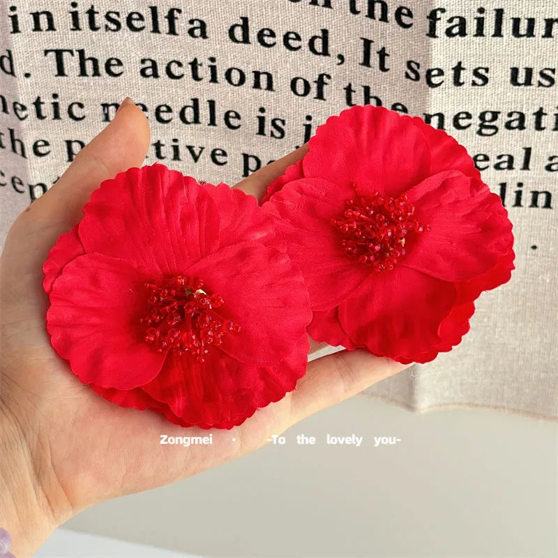 Handmade European American exaggerated red flower earrings with steel needle posts