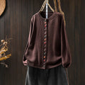 Women's colourful button cardigan, loose-fit cotton spandex knit, long sleeves, art retro style, available in black and khaki
