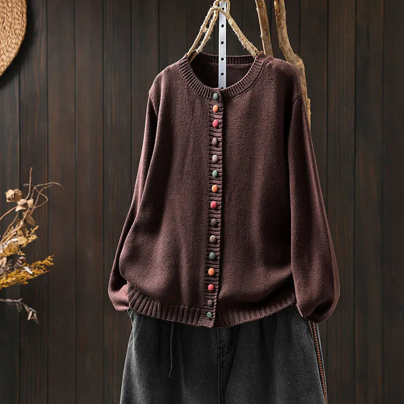 Women's colourful button cardigan, loose-fit cotton spandex knit, long sleeves, art retro style, available in black and khaki