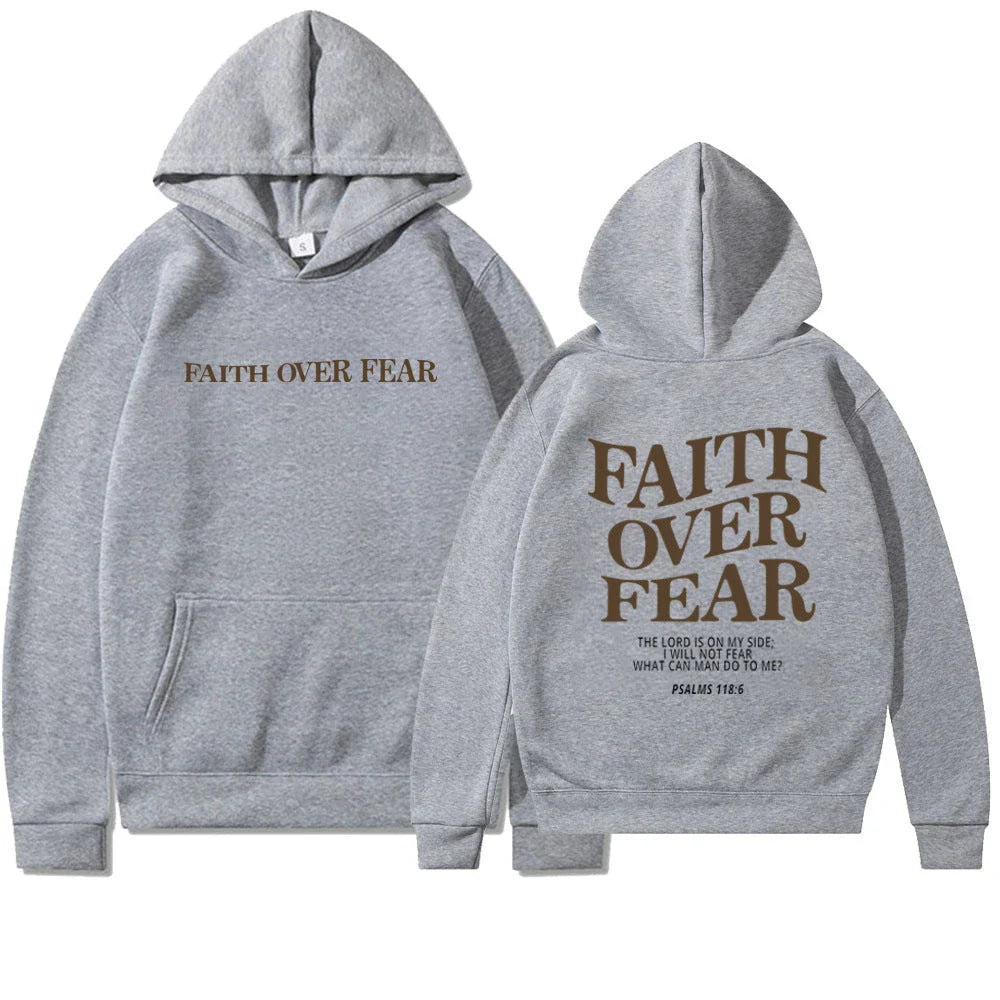 Inspirational Christian hoodie with 'Faith Over Fear' graphic in various colors