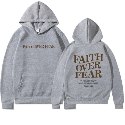 Inspirational Christian hoodie with 'Faith Over Fear' graphic in various colors