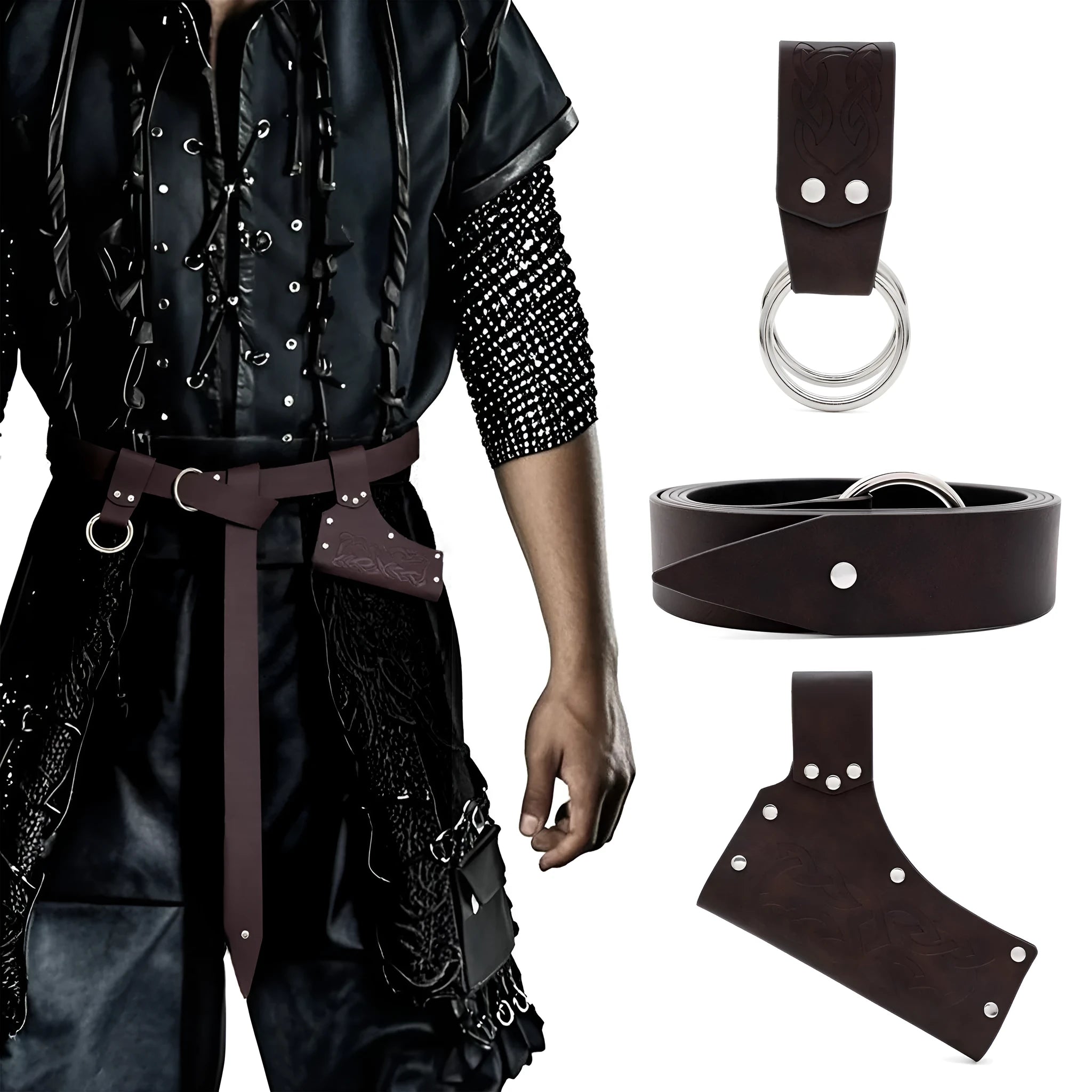 Medieval knight PU leather belt three-piece set in black for COSPLAY costume