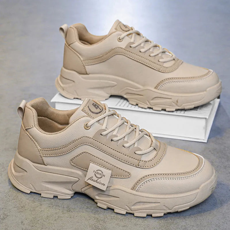 Leather waterproof outdoor sneakers in beige with low top, mesh lining, and flat heel