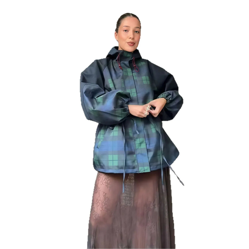 Outdoor hooded fashion plaid loose windbreaker jacket in dark blue polyester, available in sizes S M L XL