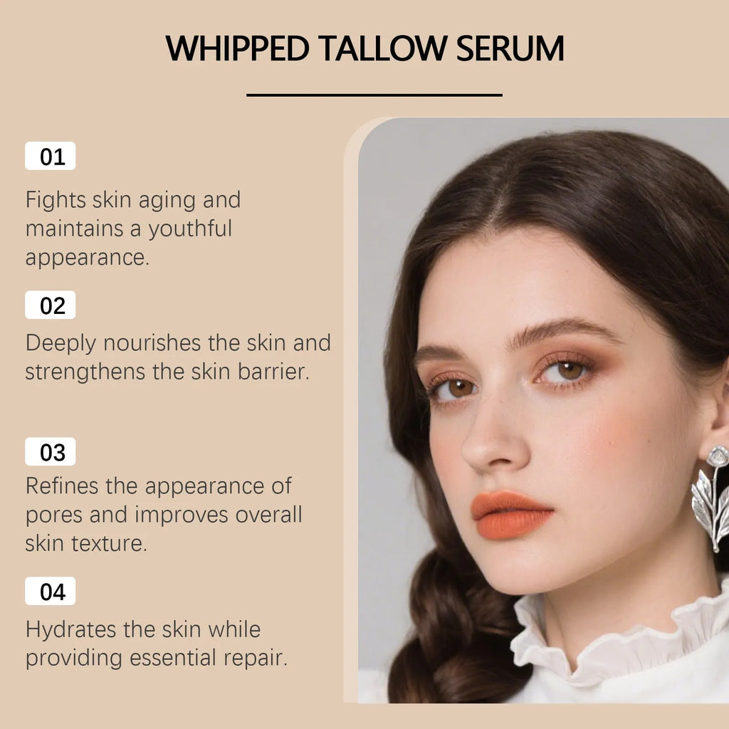 Whipped tallow serum 30ml in a tube with ingredient list including tallow and coconut oil
