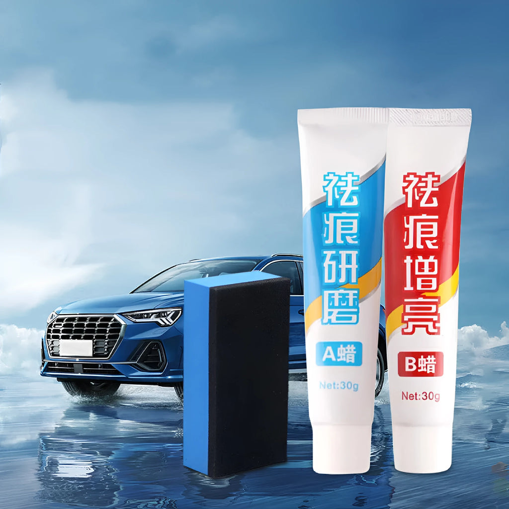 Car repair wax kit with bottles of A and B wax and an abrasive sponge mop for scratch removal and polishing.