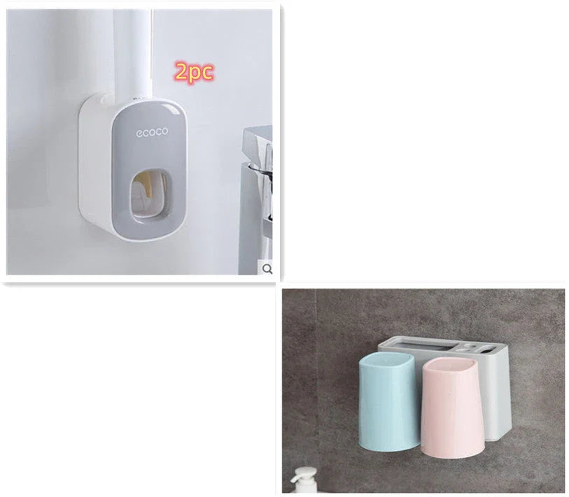 Wall-mounted automatic toothpaste dispenser with upside-down mouthwash cup for convenient and hygienic bathroom organization