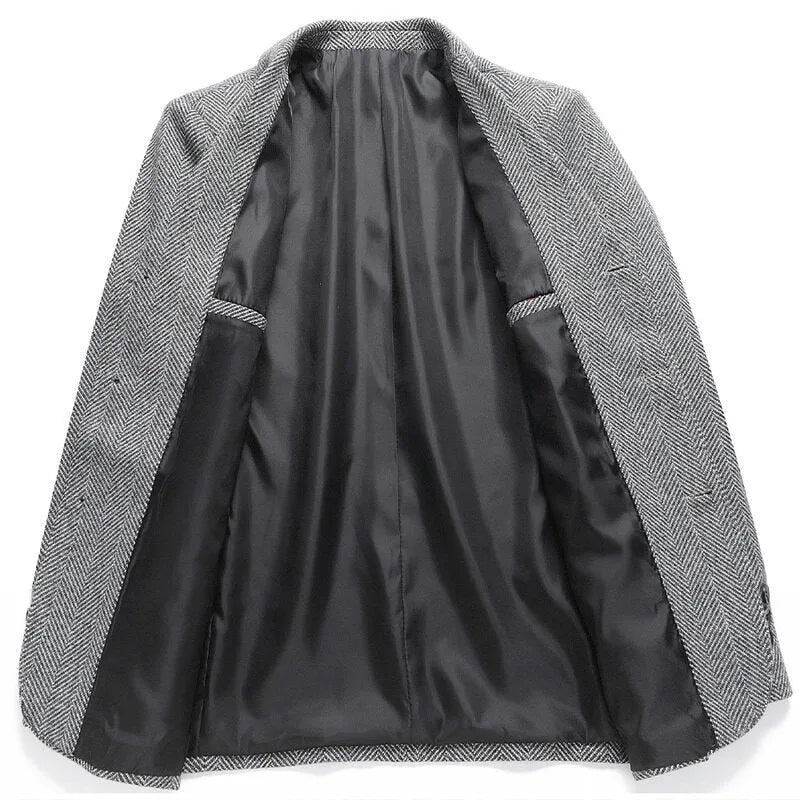 Men's solid colour loose fit wool blend coat for spring and autumn casual wear.