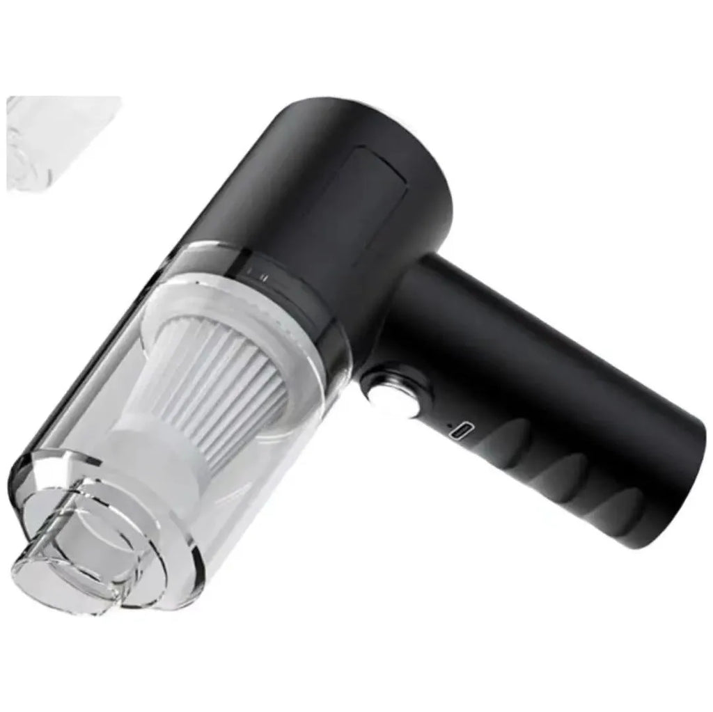 AS-228 Black handheld car cleaner with transparent cover, rechargeable battery, and USB charging cable