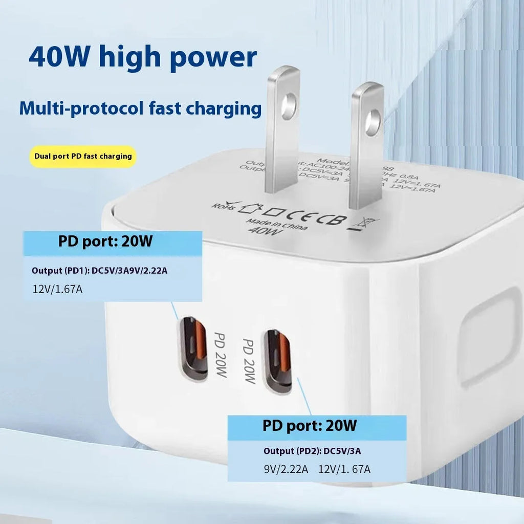 White PD40W Type-C fast charger head for EU UK US plug standards