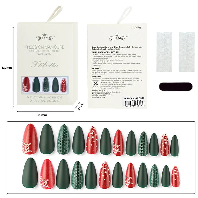 Christmas nail tips featuring 24 pieces with 30g net weight, available in long, drop-shaped, almond shapes and multiple colour finishes including bronzing and 3D stereo effects
