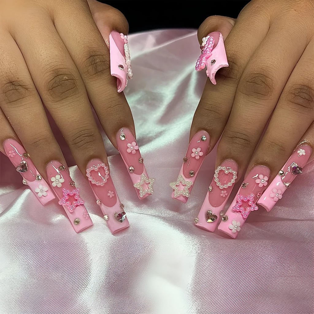 Super long water pipe French spot drill bow wear nail design in XB-70-48 colour with love pattern.