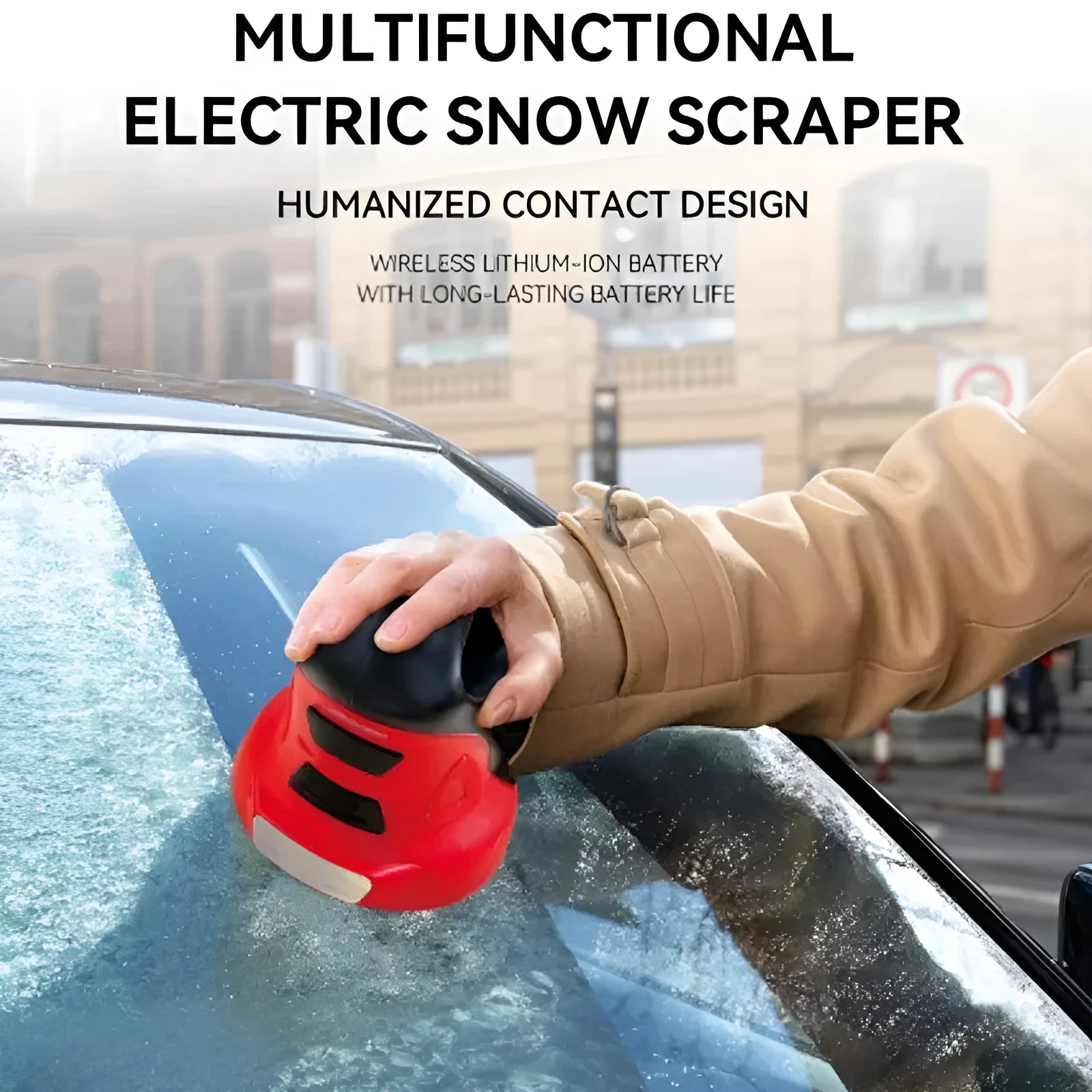 Blue plastic winter car ice scraper and snow shovel tool for vehicle maintenance