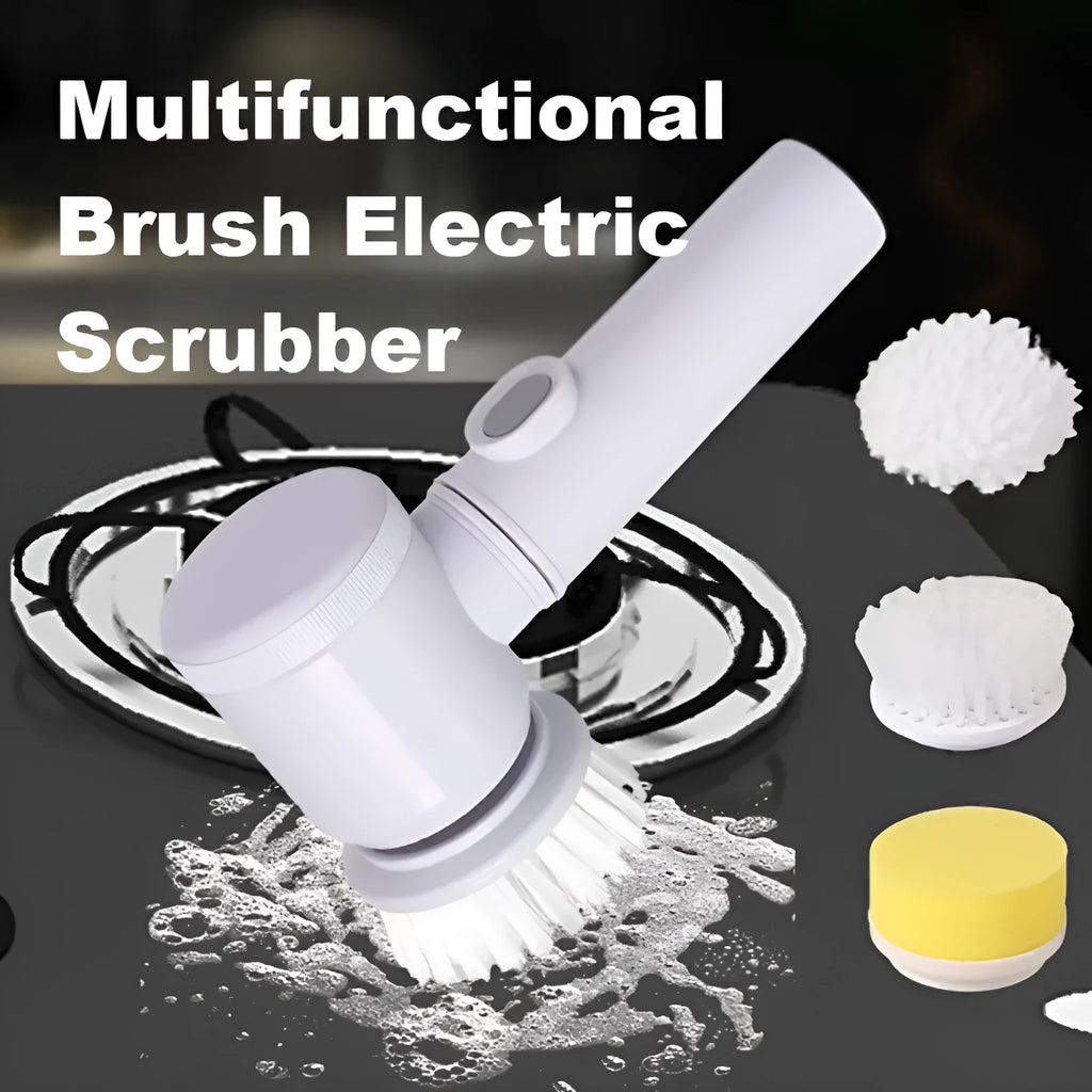 Electric kitchen cleaning brush with multiple brush heads for stove and range hood cleaning