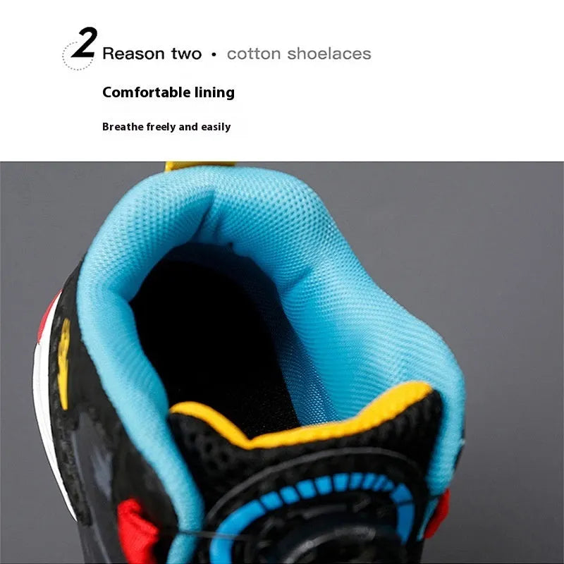 Boys rotating button basketball running shoes in black, available in youth and children's sizes.