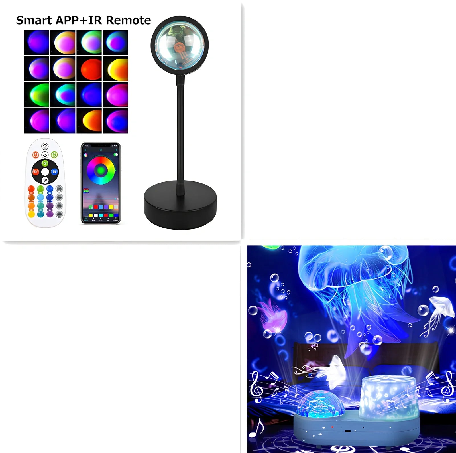 Adjustable sunset projection lamp with iron shell, 80x100x270mm, projecting 4 light modes on wall via USB 5V power