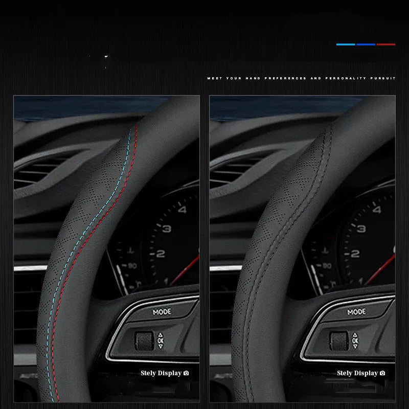 Black two-colour line leather steering wheel cover for Suzuki cars with 38cm diameter