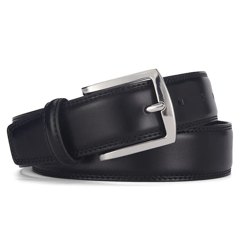 Men's black genuine leather belt with a silver pin buckle shown on a flat surface