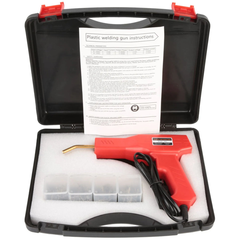 Red plastic welding gun for car bumper repair with pure copper transformer, nails, and pliers knife in black plastic box