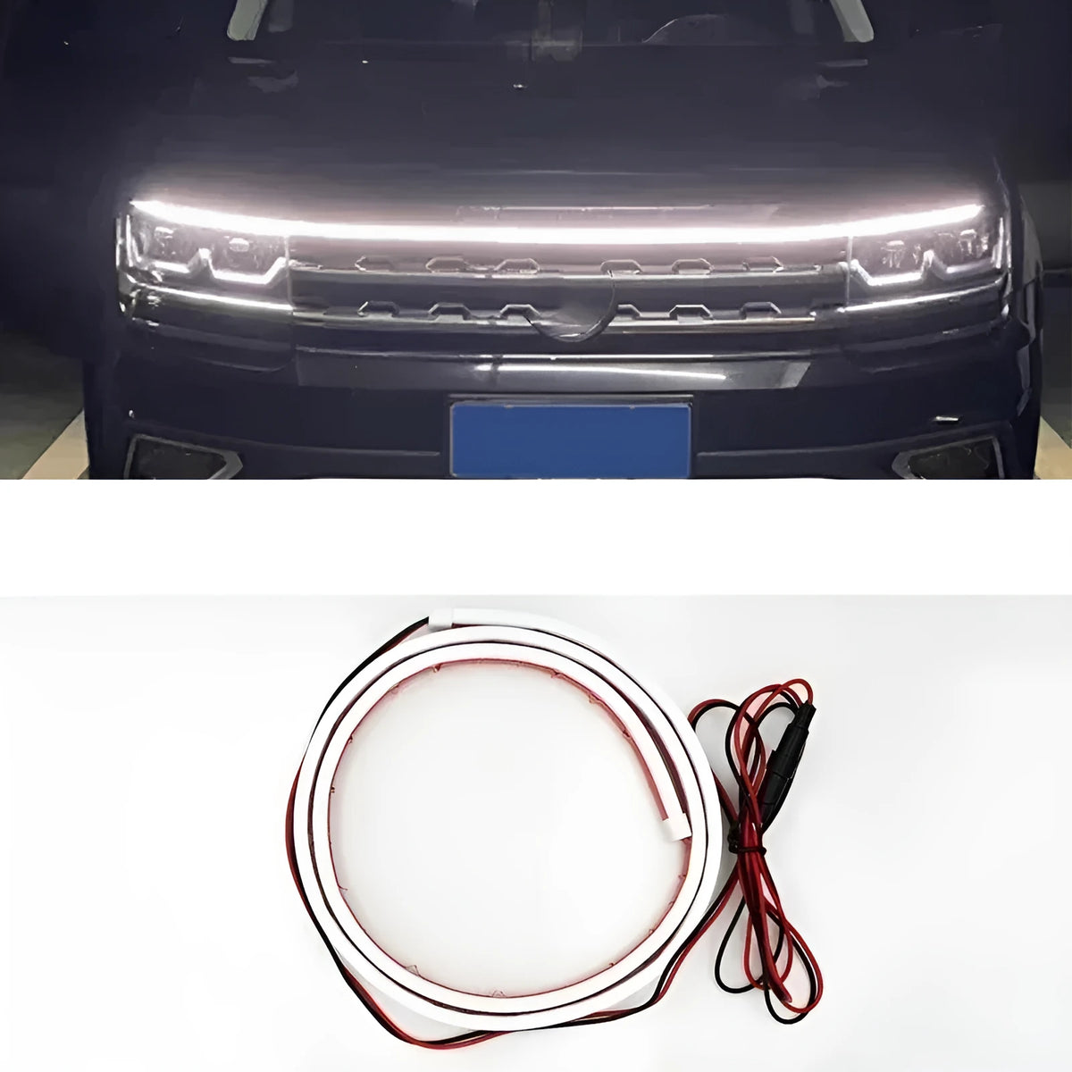 Flexible silicone car daytime running light strip with scanning effect, shown in white, ice blue and red colour options.
