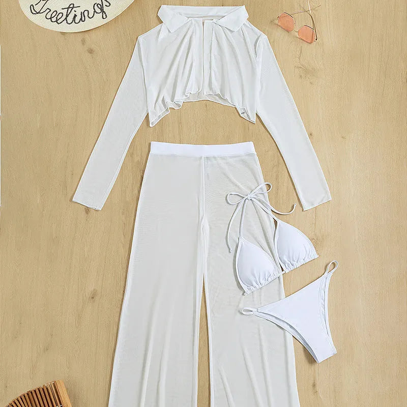 White women's 4-piece swimsuit set with high-waisted trousers and backless top