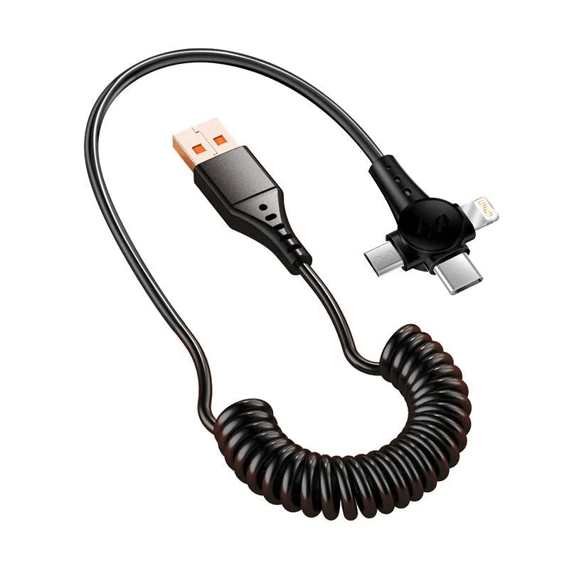 Black telescopic data cable extended to 1.5m with Lightning, Micro USB, and Type-C charging heads