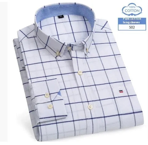 Men's long sleeve pure cotton plaid shirt, casual spring style, available in sizes 38 to 47