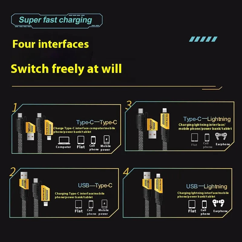 Four-in-one fast charge data cable with zinc alloy shell, braided black exterior, Lightning and Type-C connectors, 1-2m length