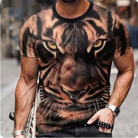 Men's black T-shirt with a large, textured 3D lion graphic print on the chest.