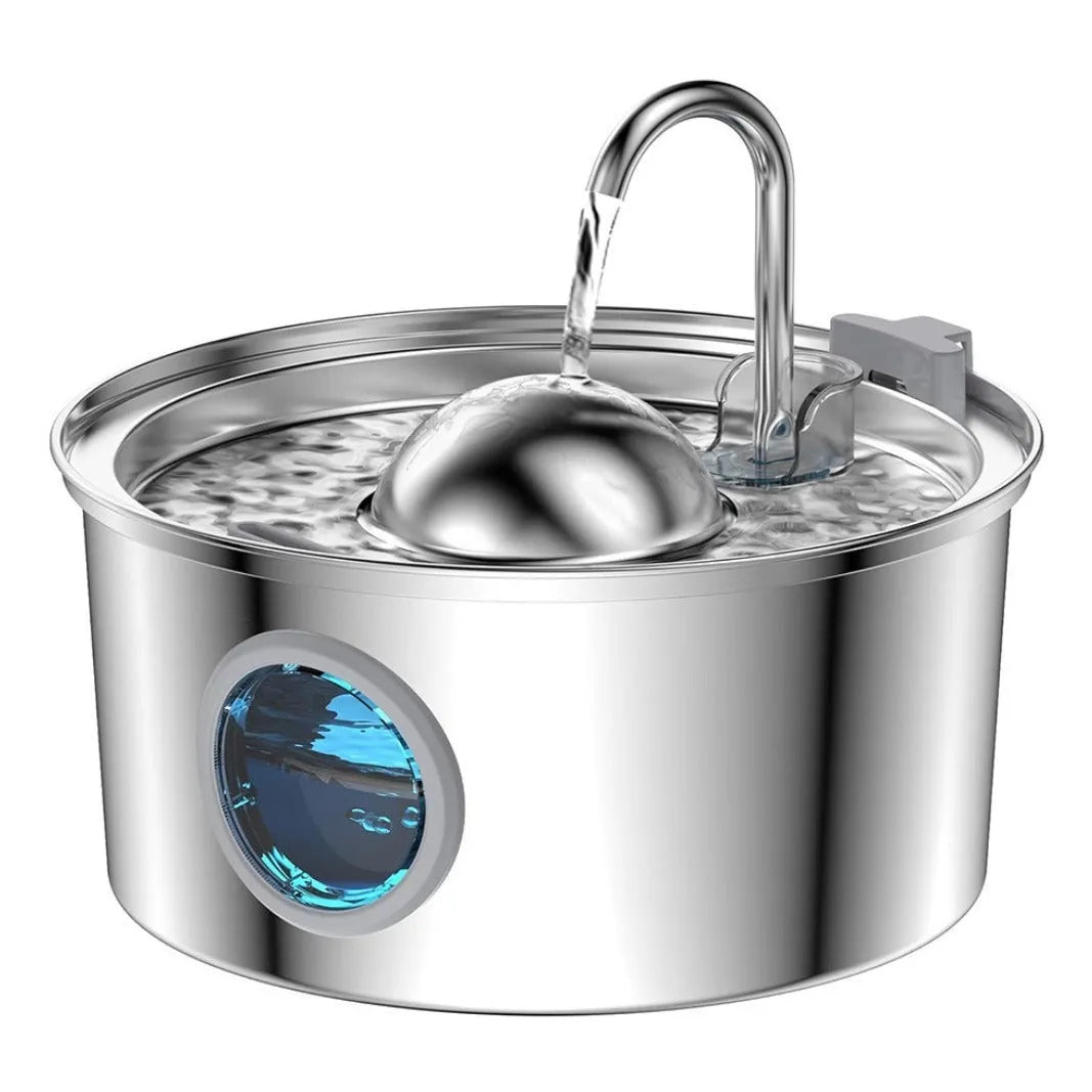 Stainless steel round pet water dispenser with 4 litre capacity and multiple outlet configuration options