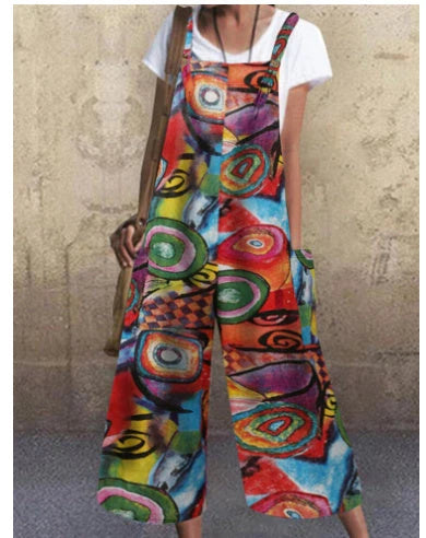 Patchwork Printed Button Suspender Jumpsuit in cotton blend fabric