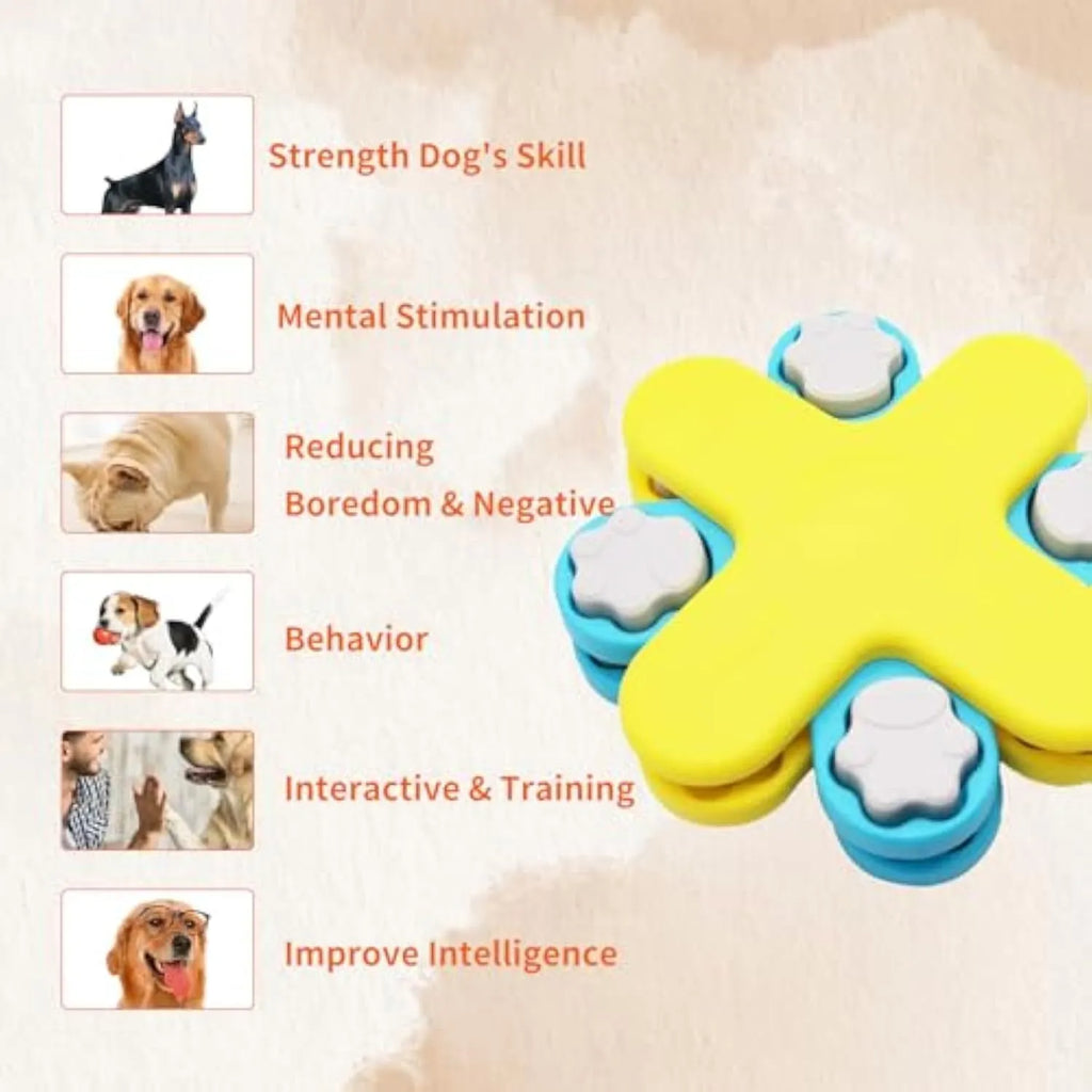 Yellow three-layer rotating dog puzzle feeder toy with claw-shaped lids on an anti-slip base.