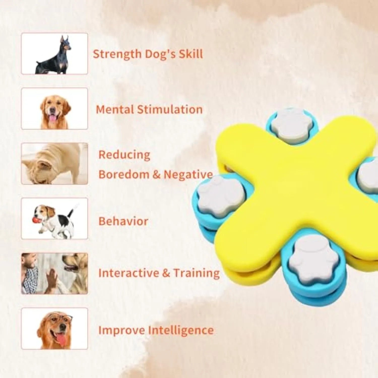 Yellow three-layer rotating dog puzzle feeder toy with claw-shaped lids on an anti-slip base.