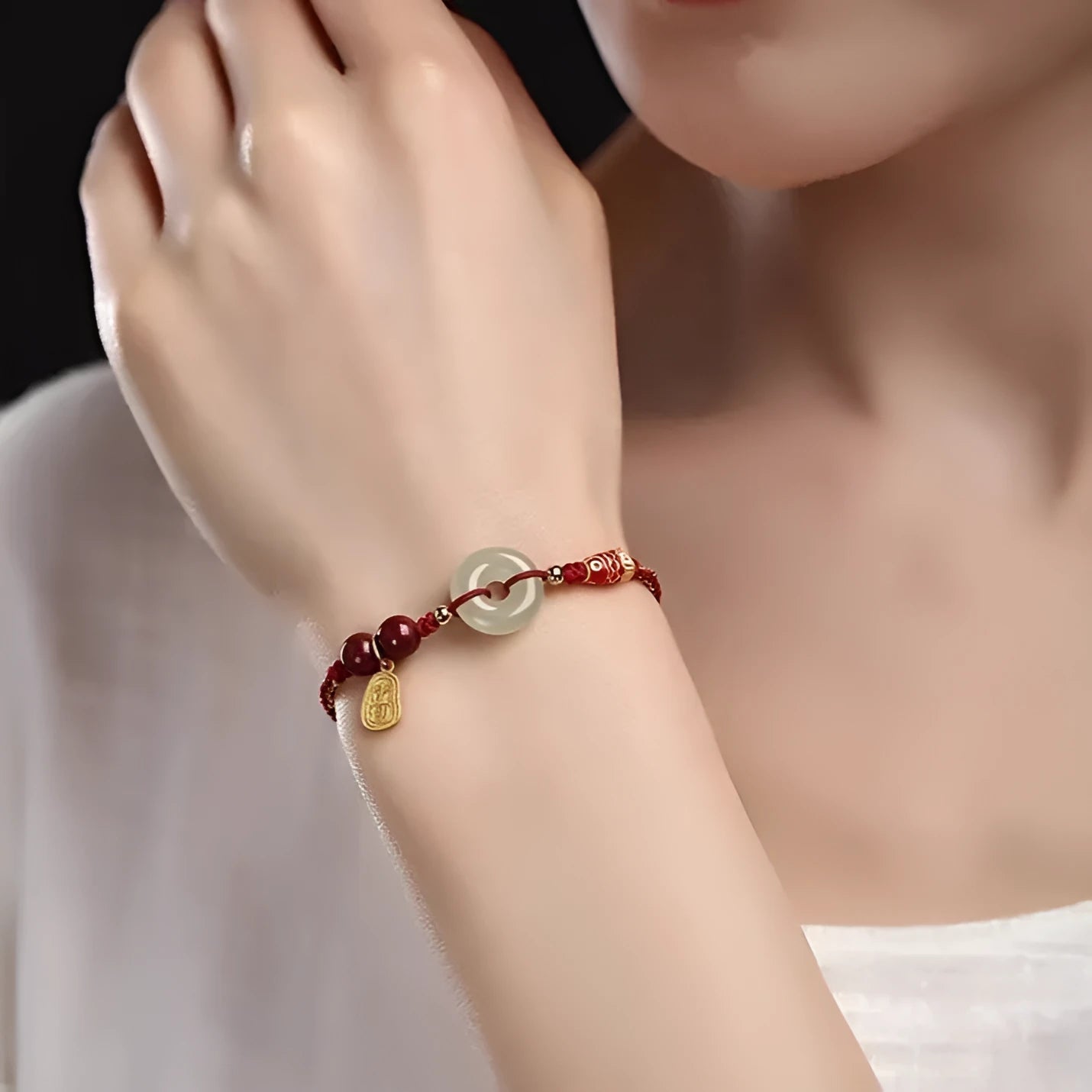 Hetian jade peace buckle bracelet on braided rope in colourful, red, or black options