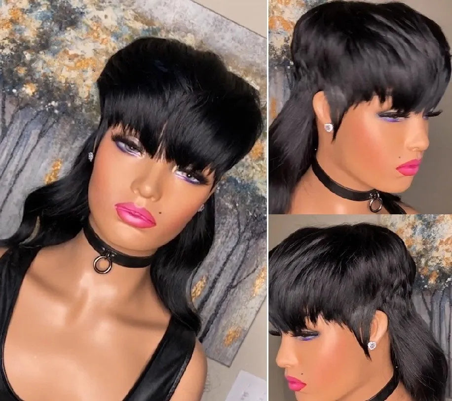Brazilian black wig with bangs, short front and long back layers, made from synthetic high-temperature fibre.