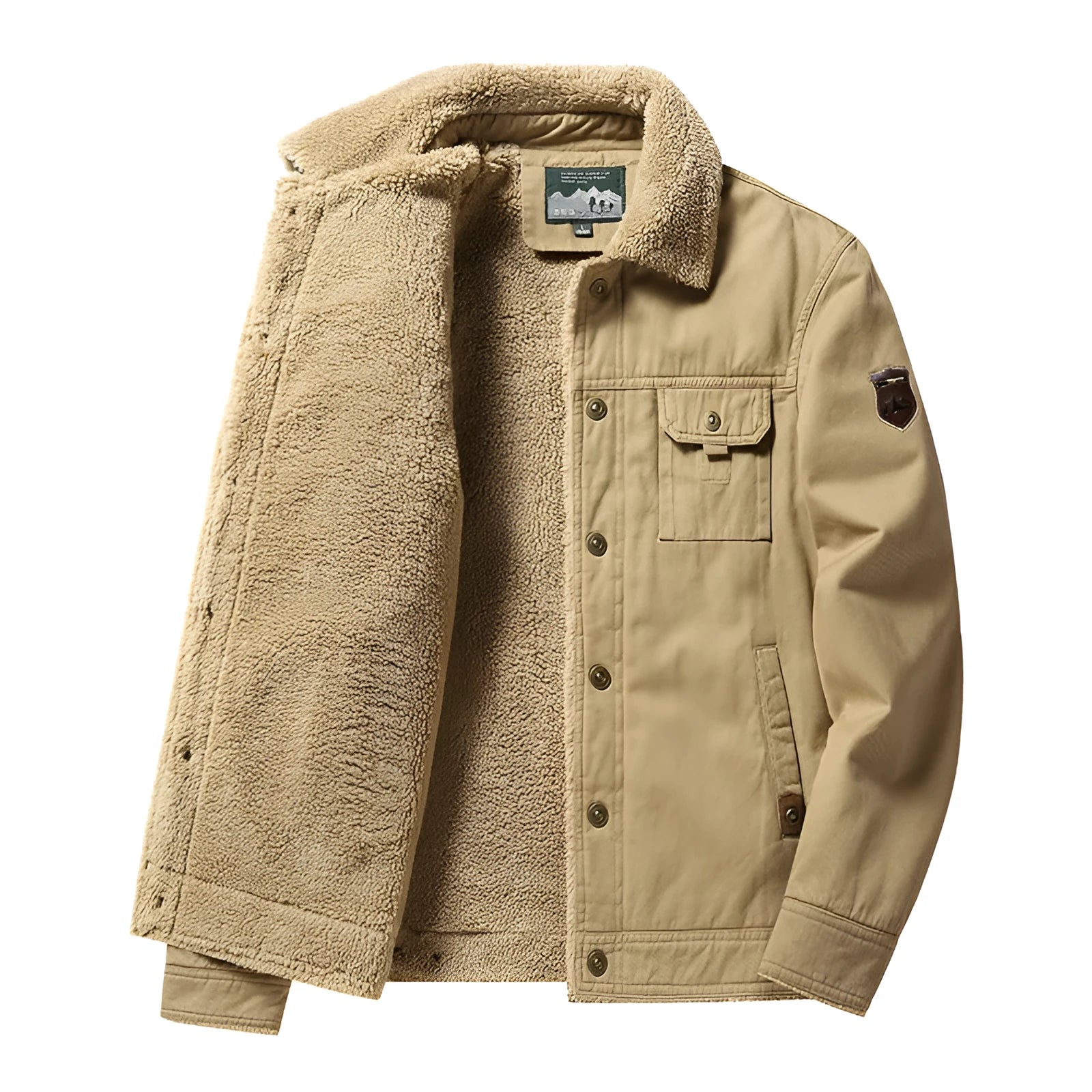 Men's fleece-lined cotton polo collar jacket in army green with regular fit