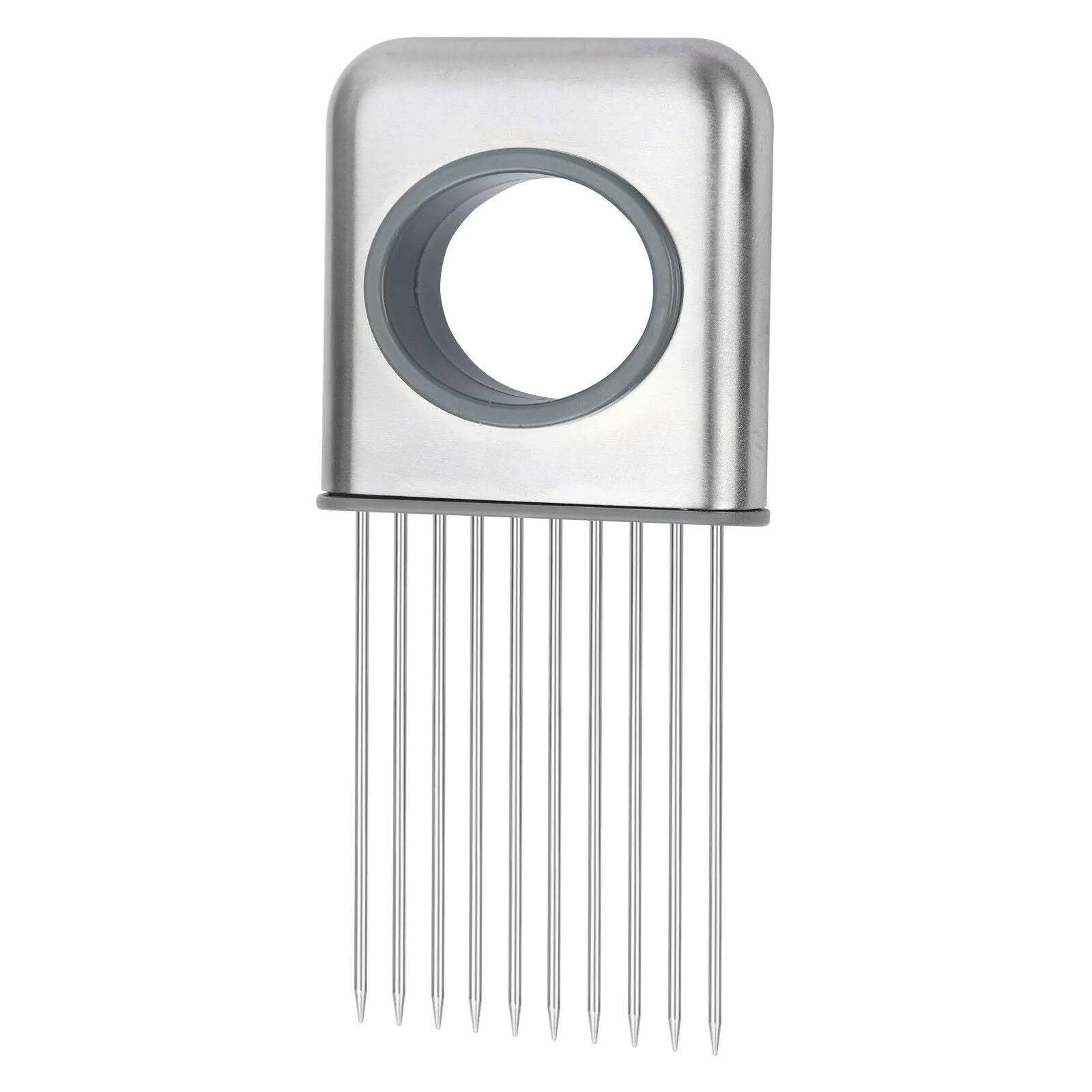 Stainless steel onion holder with sharp prongs and a finger guard on a kitchen counter.