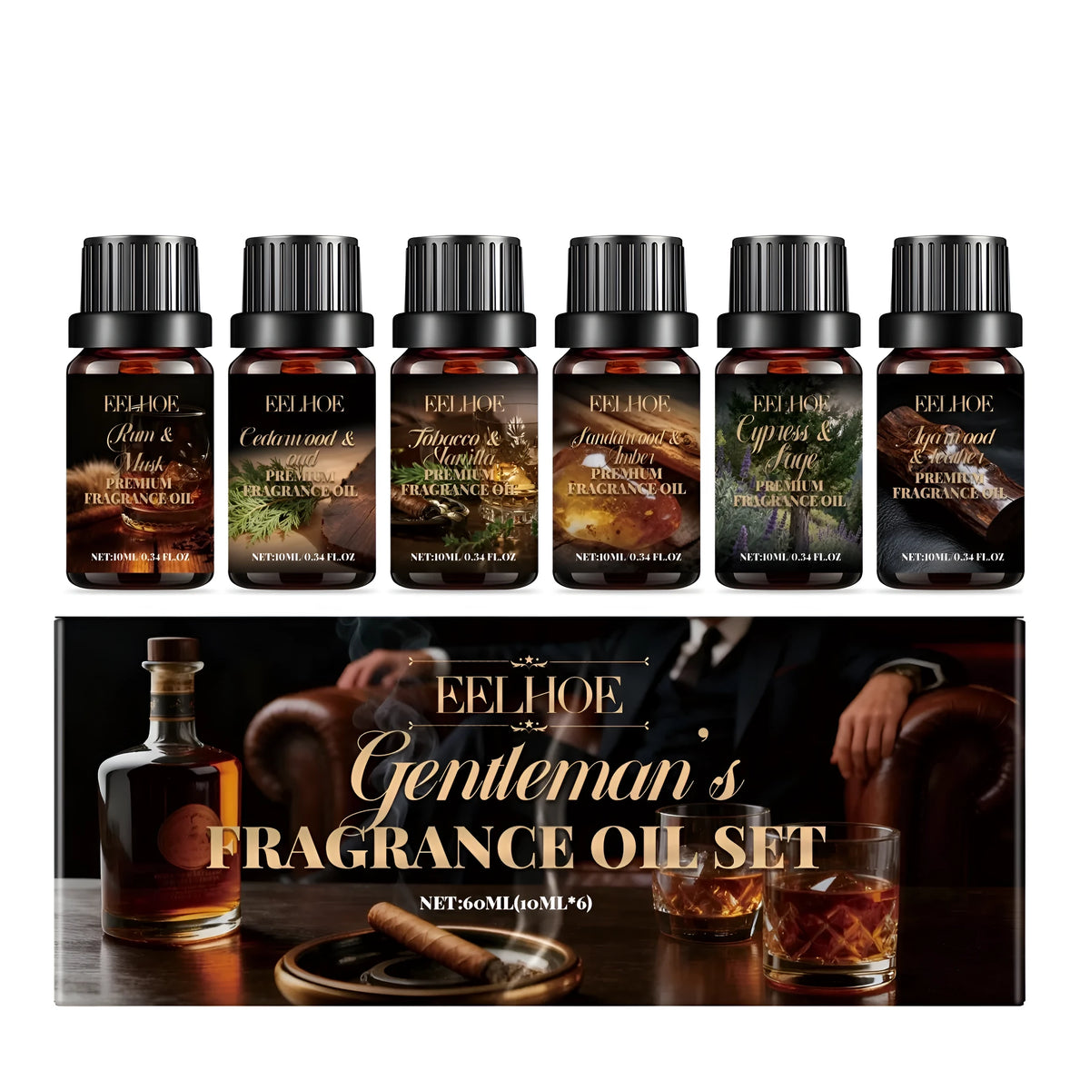 Men's 6-piece fragrance oil gift set with 10ml bottles in scents agarwood leather tobacco vanilla sandalwood amber cypress sage rum musk cedar ebony