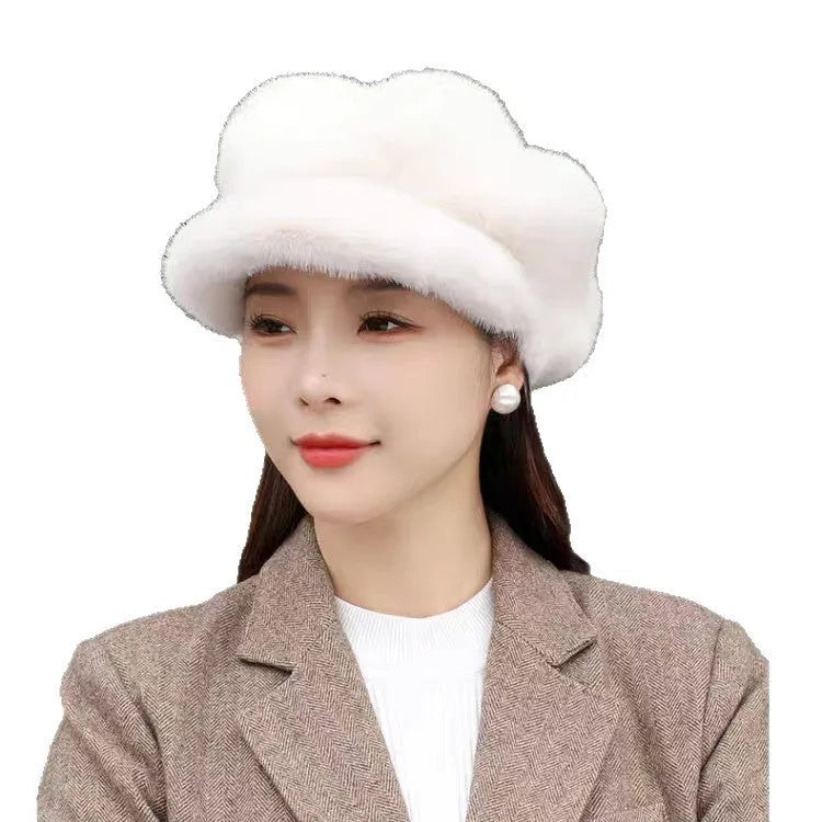 Women's knitted fake mink dome pumpkin hat in beige, one size 54-58 cm, warm and windproof for autumn winter