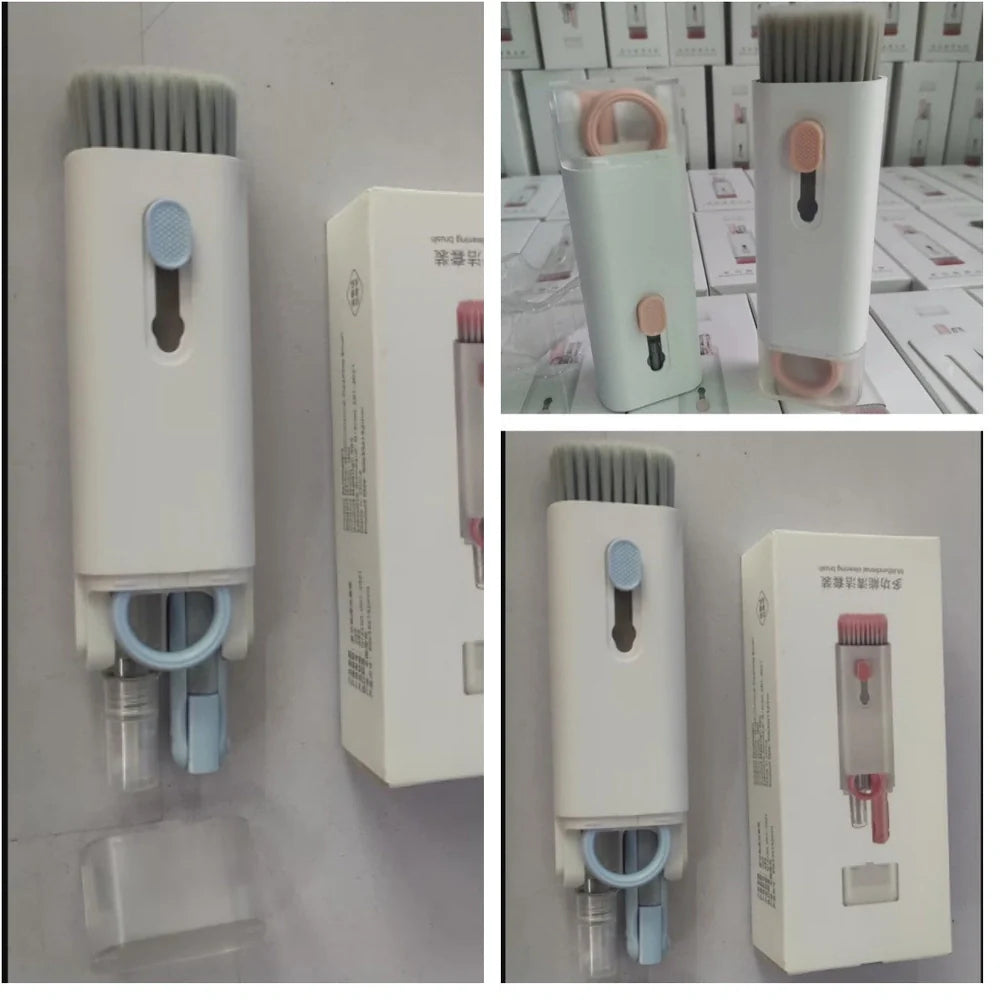 Pink and blue computer cleaning pen set with brush, keycap tool, and empty spray bottle