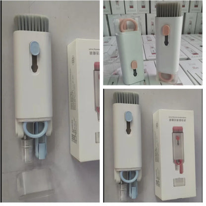 Pink and blue computer cleaning pen set with brush, keycap tool, and empty spray bottle