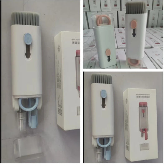 Pink and blue computer cleaning pen set with brush, keycap tool, and empty spray bottle