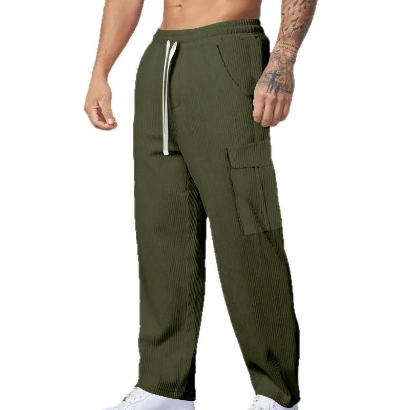 Men's straight-leg corduroy cargo trousers with elastic drawstring waist in multiple colour options