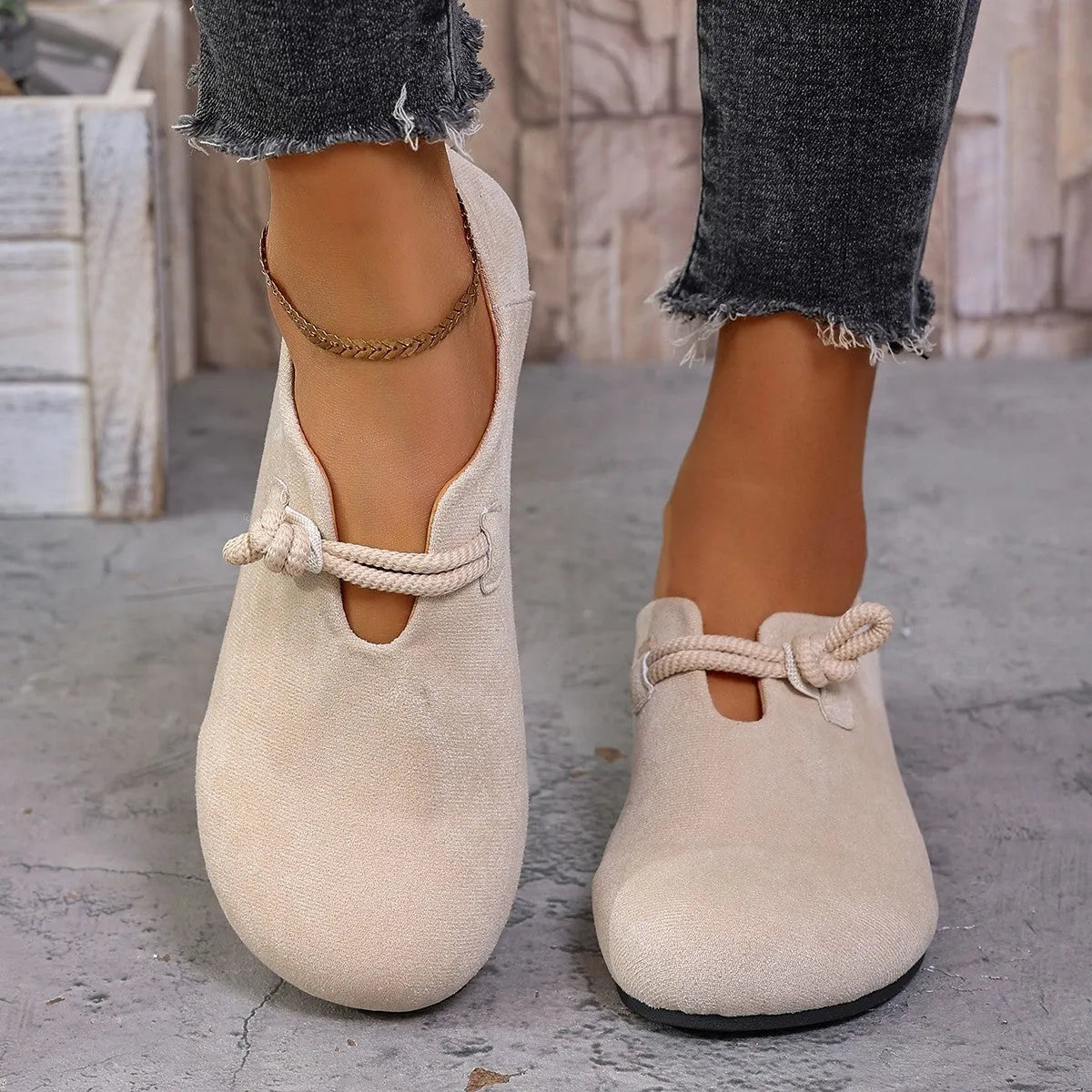Round head slip-on solid colour flat shoes with suede upper and low rubber sole in beige colour