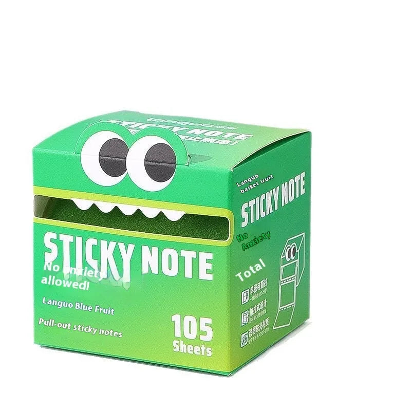 Box of pearl gradient transparent sticky notes with pull-out design, showing six colour options.