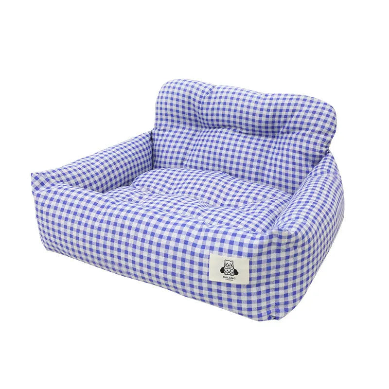 Stain-resistant cloth dog car nest in grey or blue plaid, sizes 40cm or 55cm