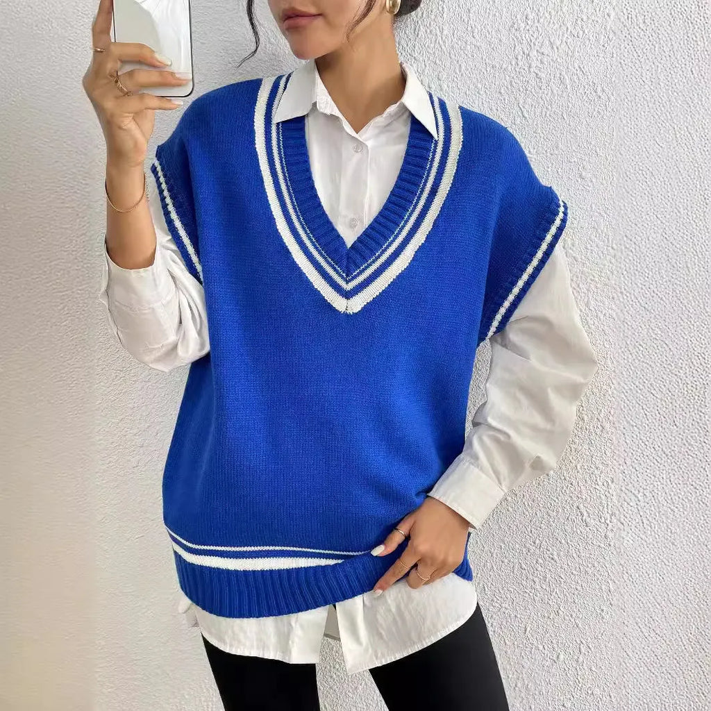 Women's loose college style vest sweater in black, blue or coffee colour options