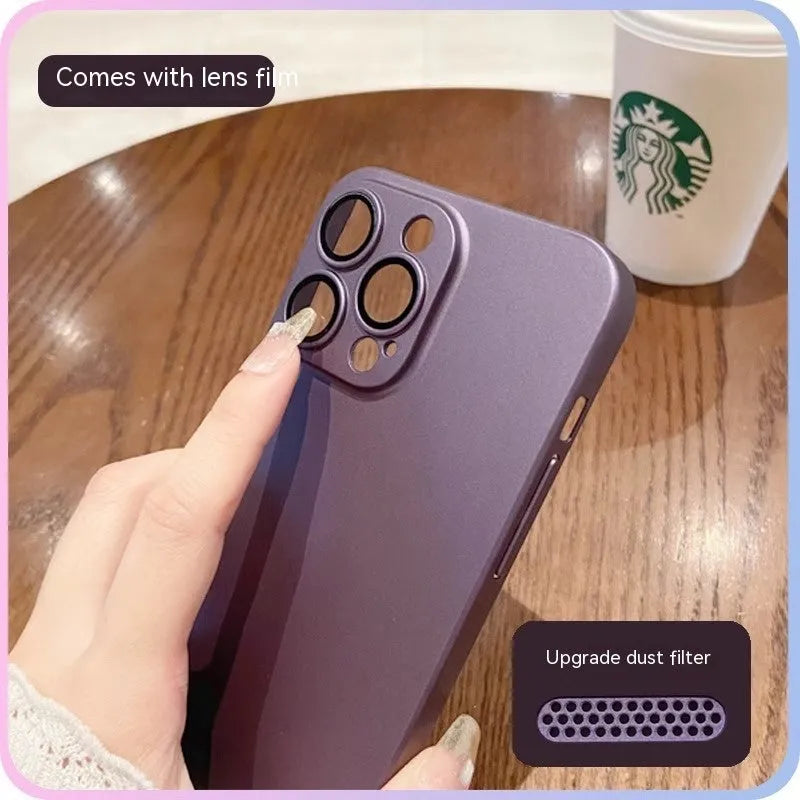 Ultra-thin frosted PC phone case with all-inclusive lens protection for iPhone, shown in Chinese Red