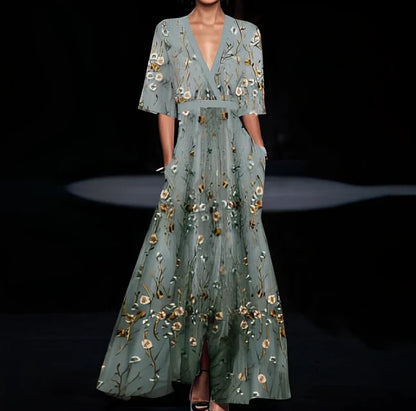 Women's summer V-neck A-line dress in red flower print, short split sleeves, belt included, sizes S-3XL polyester fabric